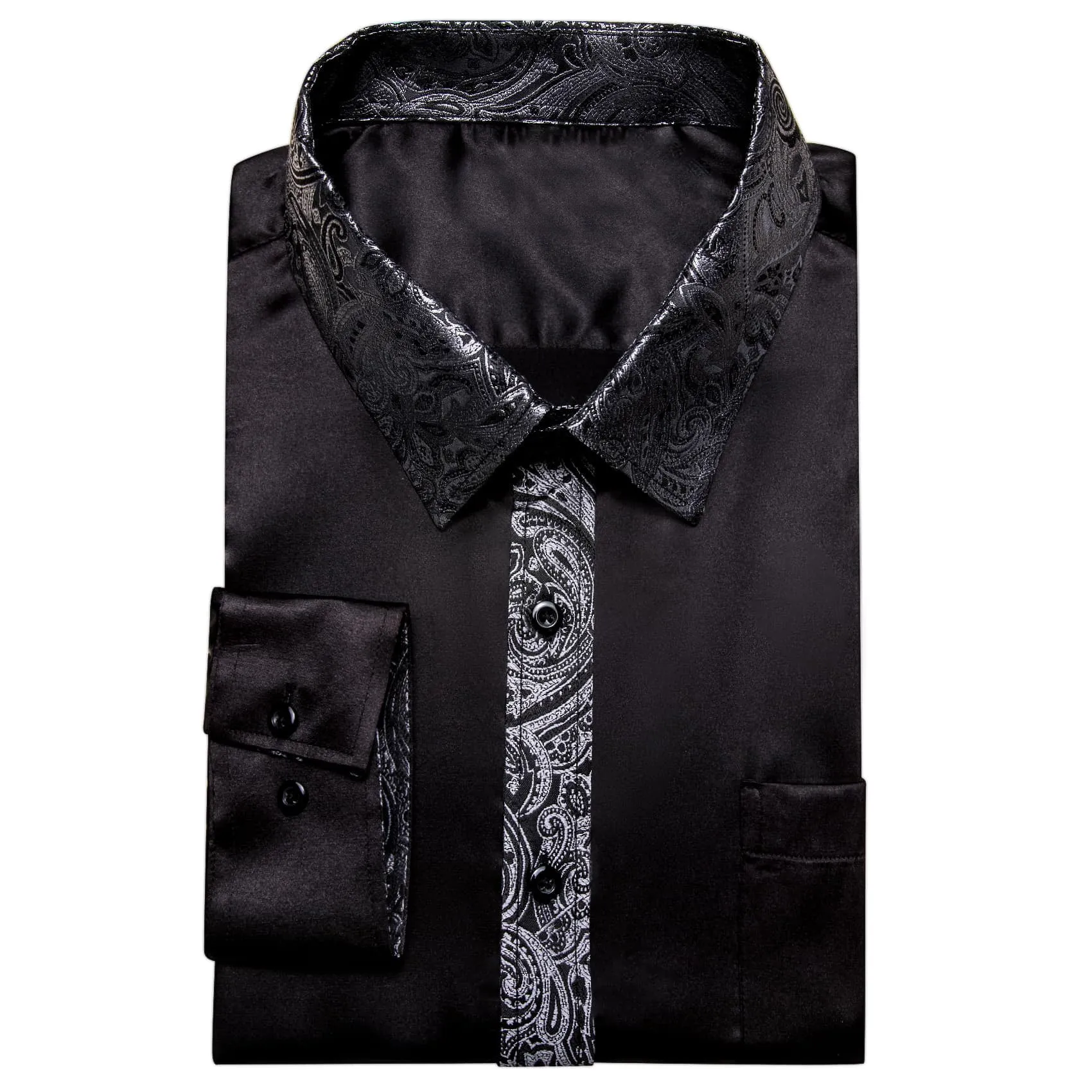 Ties2you Dress Shirt Black Solid Splicing Grey Paisley Button Down Men's Long Sleeve Shirt