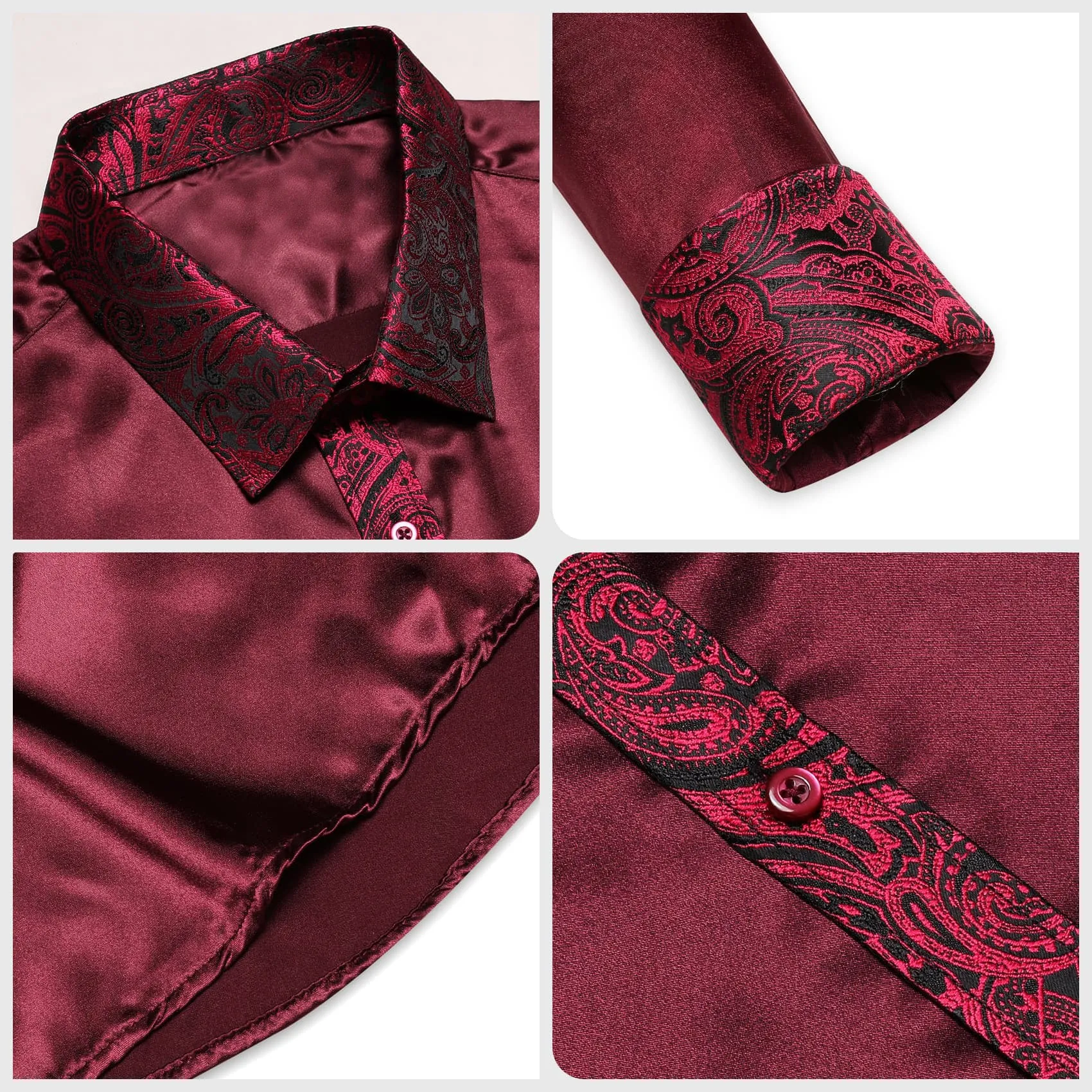 Ties2you Dress Shirt Burgundy Solid Splicing Paisley Button Down Long Sleeve Shirts for Men