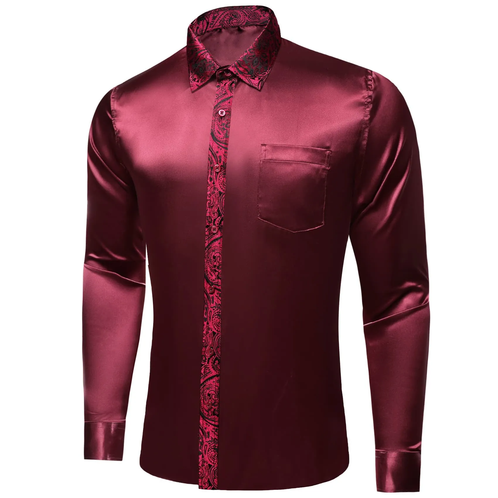 Ties2you Dress Shirt Burgundy Solid Splicing Paisley Button Down Long Sleeve Shirts for Men