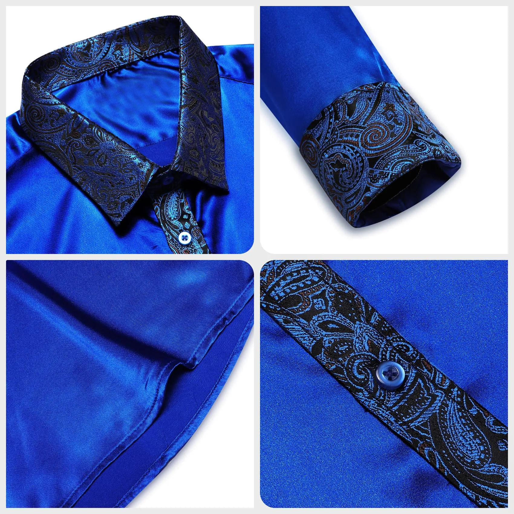 Ties2you Dress Shirt Cobalt Blue Solid Splicing Paisley Button Down Long Sleeve Shirts for Men