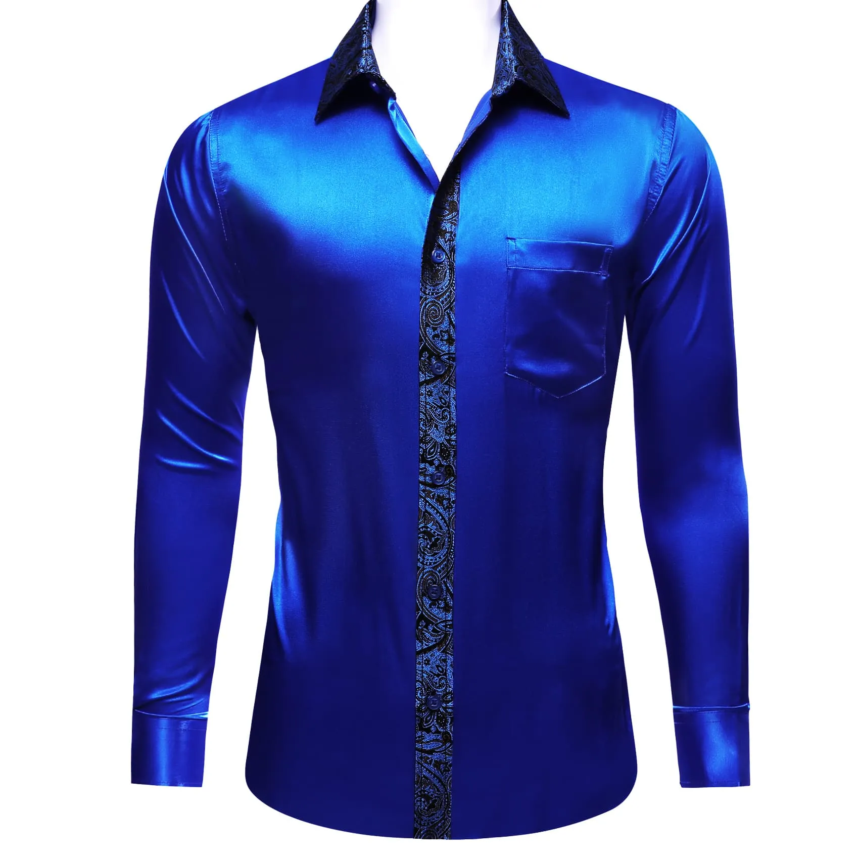 Ties2you Dress Shirt Cobalt Blue Solid Splicing Paisley Button Down Long Sleeve Shirts for Men