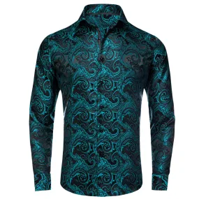 Ties2you Men's Shirt Black Teal Paisley Jacquard Woven Silk Shirt