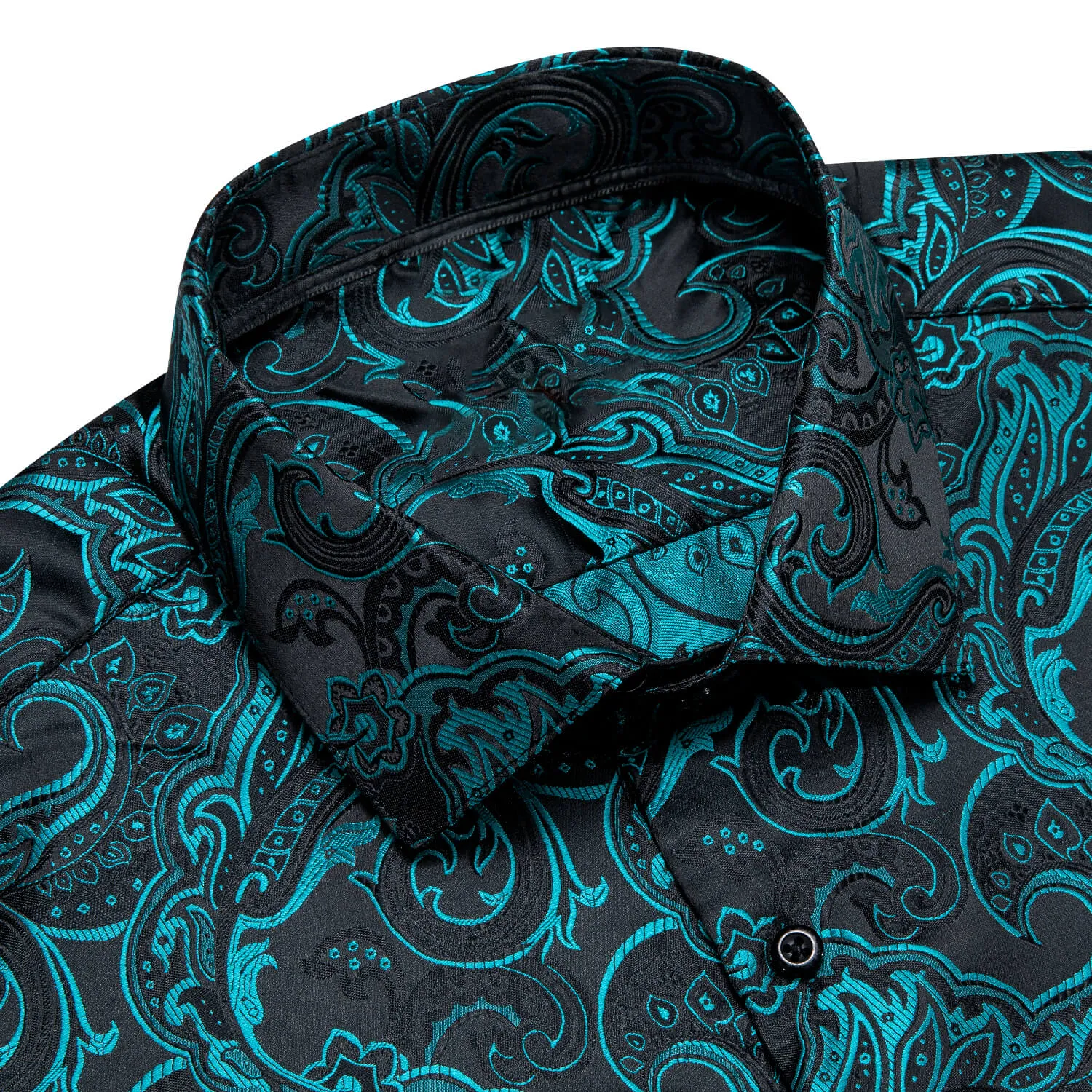 Ties2you Men's Shirt Black Teal Paisley Jacquard Woven Silk Shirt