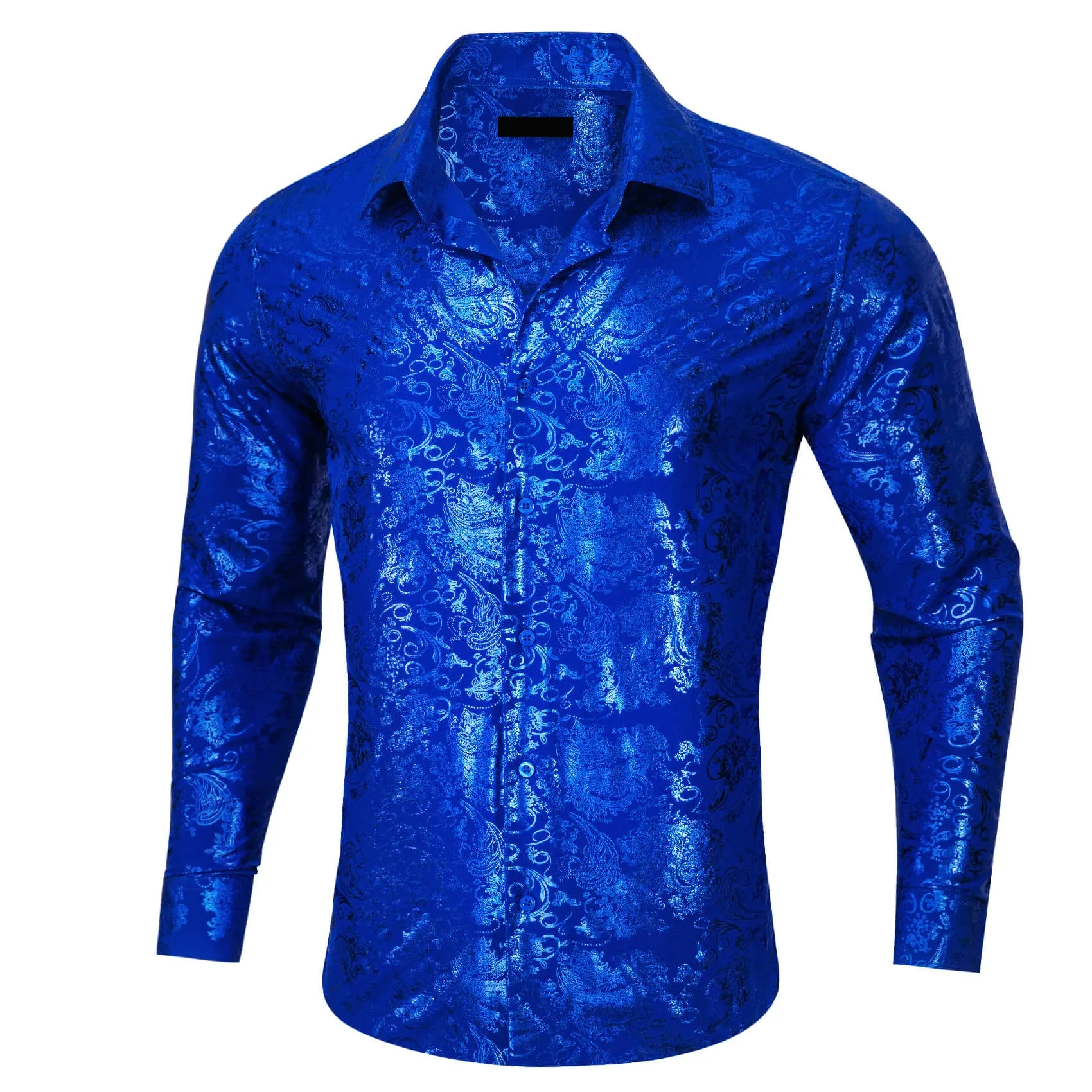 Ties2you Men's Shirt Cobalt Blue Bronzing Floral Button Down Silk Long Sleeve Shirt