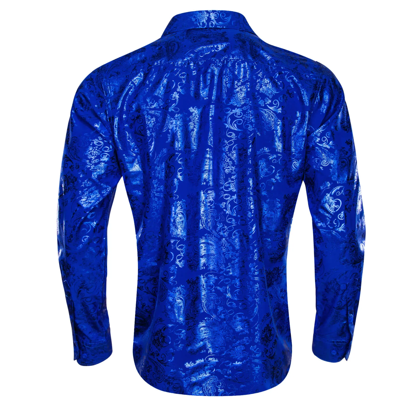 Ties2you Men's Shirt Cobalt Blue Bronzing Floral Button Down Silk Long Sleeve Shirt