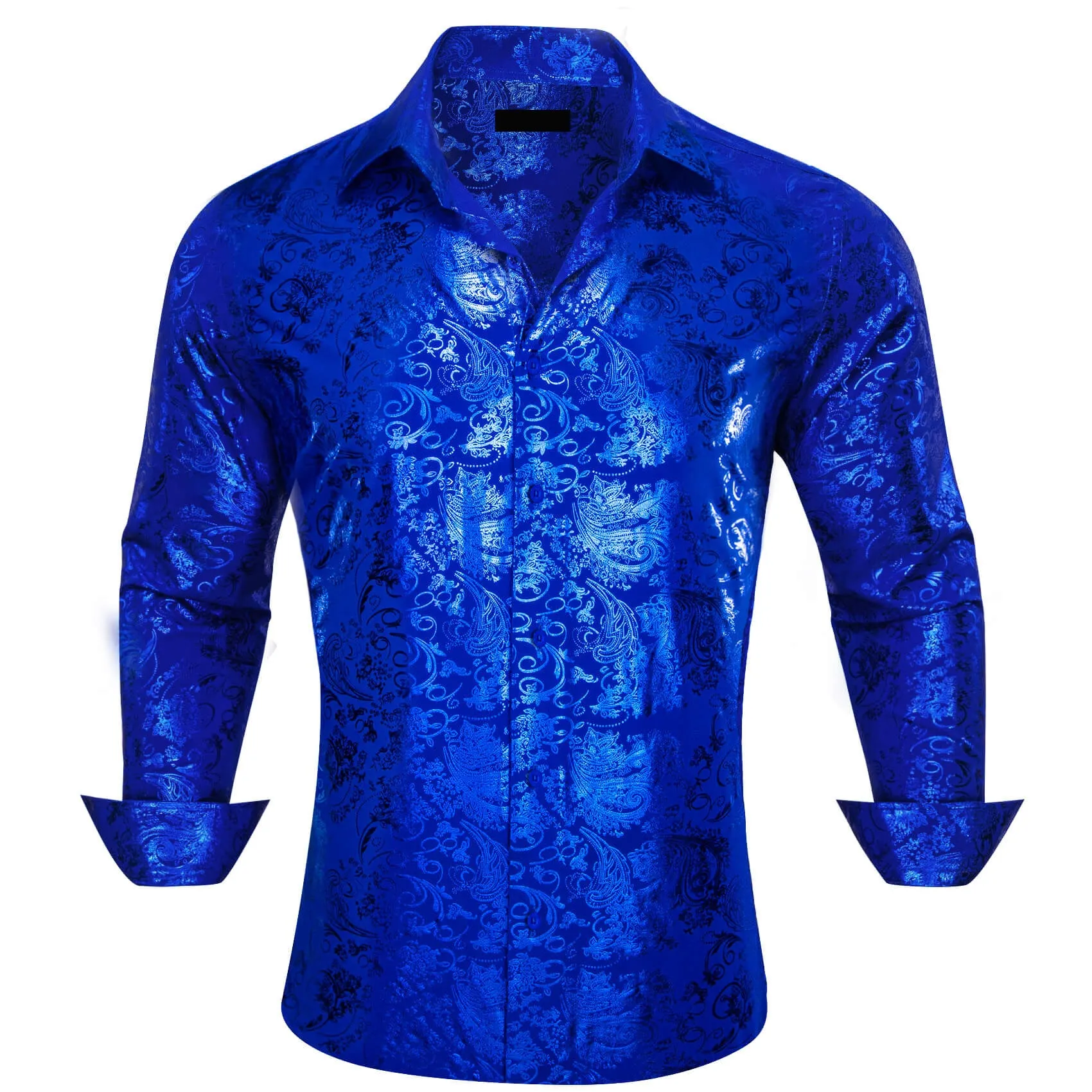 Ties2you Men's Shirt Cobalt Blue Bronzing Floral Button Down Silk Long Sleeve Shirt