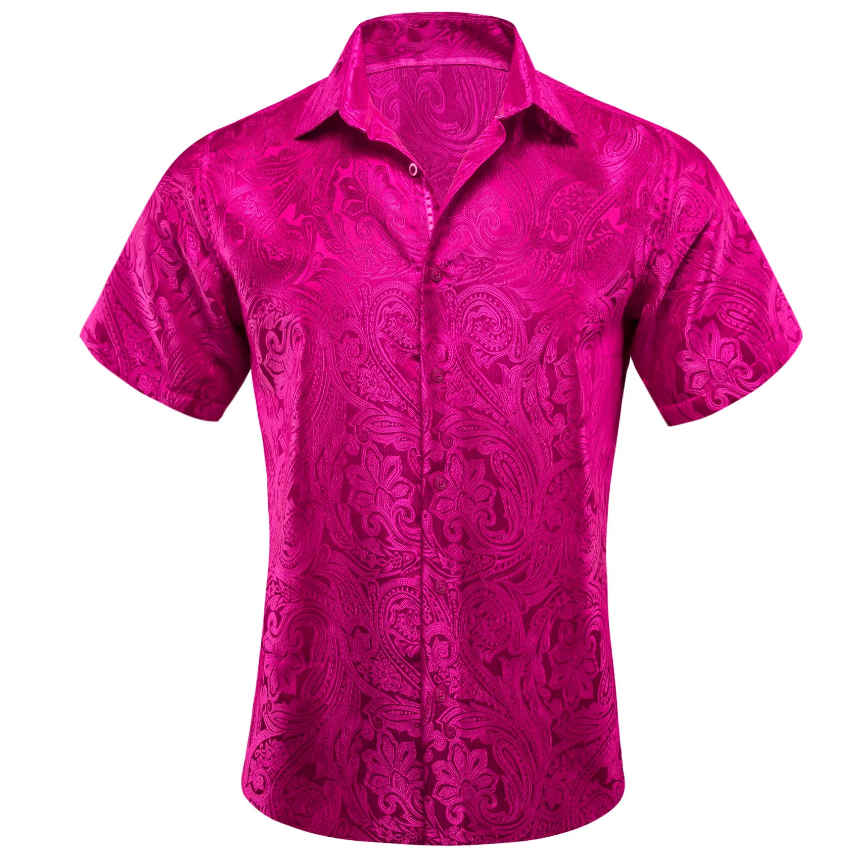 Ties2you Short Sleeve Shirt Hot Pink Jacquard Floral Men's Silk Shirt