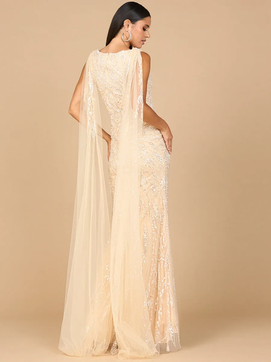 V-Neck Gown with Long Cape Sleeves