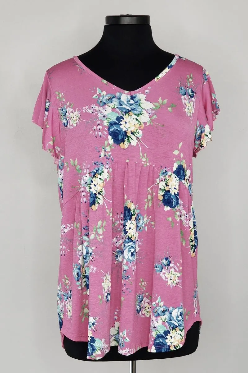 V-Neck Ruffle Sleeve Tunic Fuchsia Print