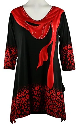 Valentina Signa - Red Drape, 3/4 Sleeve V-Neck Tunic in Rhinestone Highlights