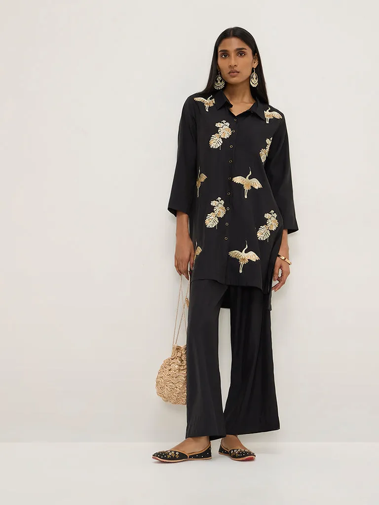 Vark Black Embroidered High-Low Tunic and Pants Set