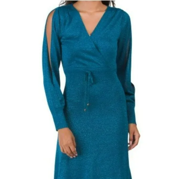 Vertigo Paris Surplice V-Neck Split Sleeve Hi-low Hem Metallic Shimmer Party Midi Dress