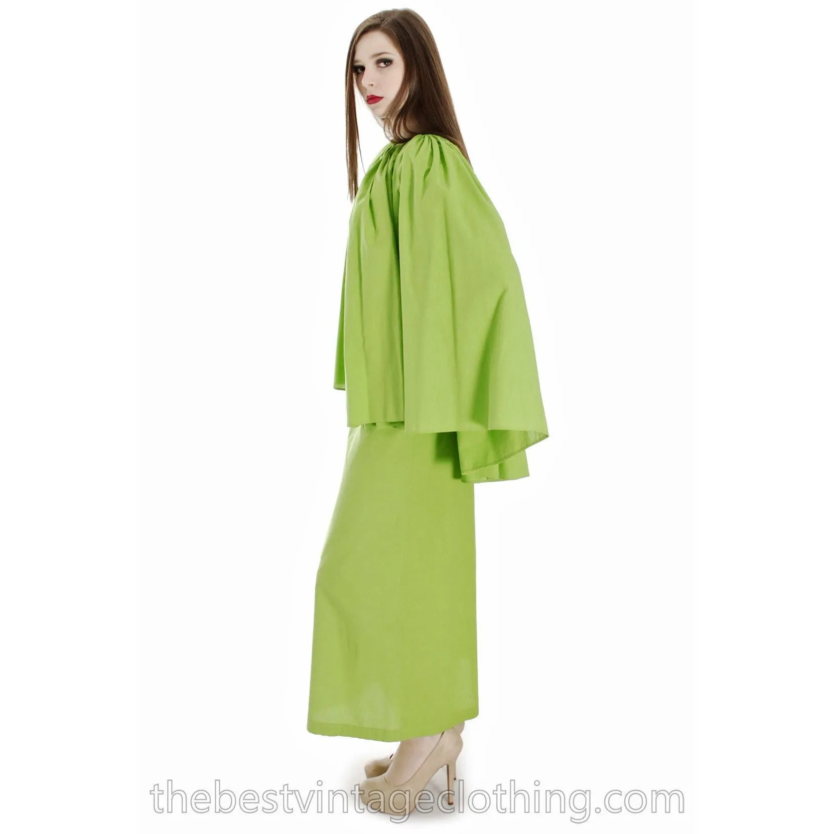 Vintage 1960s Vuokko Nurmesniemi RARE Lime Green Maxi Dress with Voluminous Cape 38/10