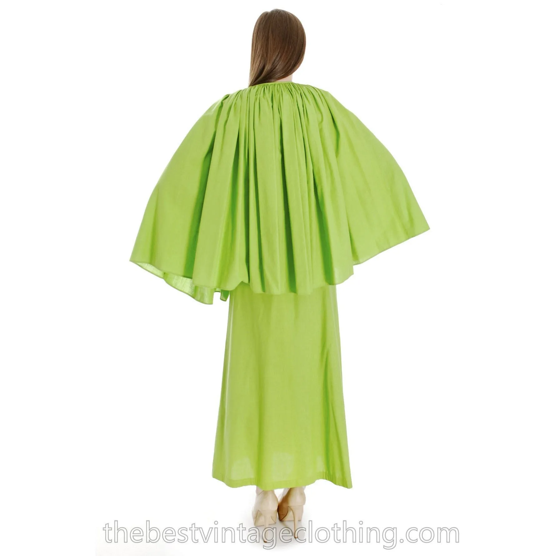 Vintage 1960s Vuokko Nurmesniemi RARE Lime Green Maxi Dress with Voluminous Cape 38/10