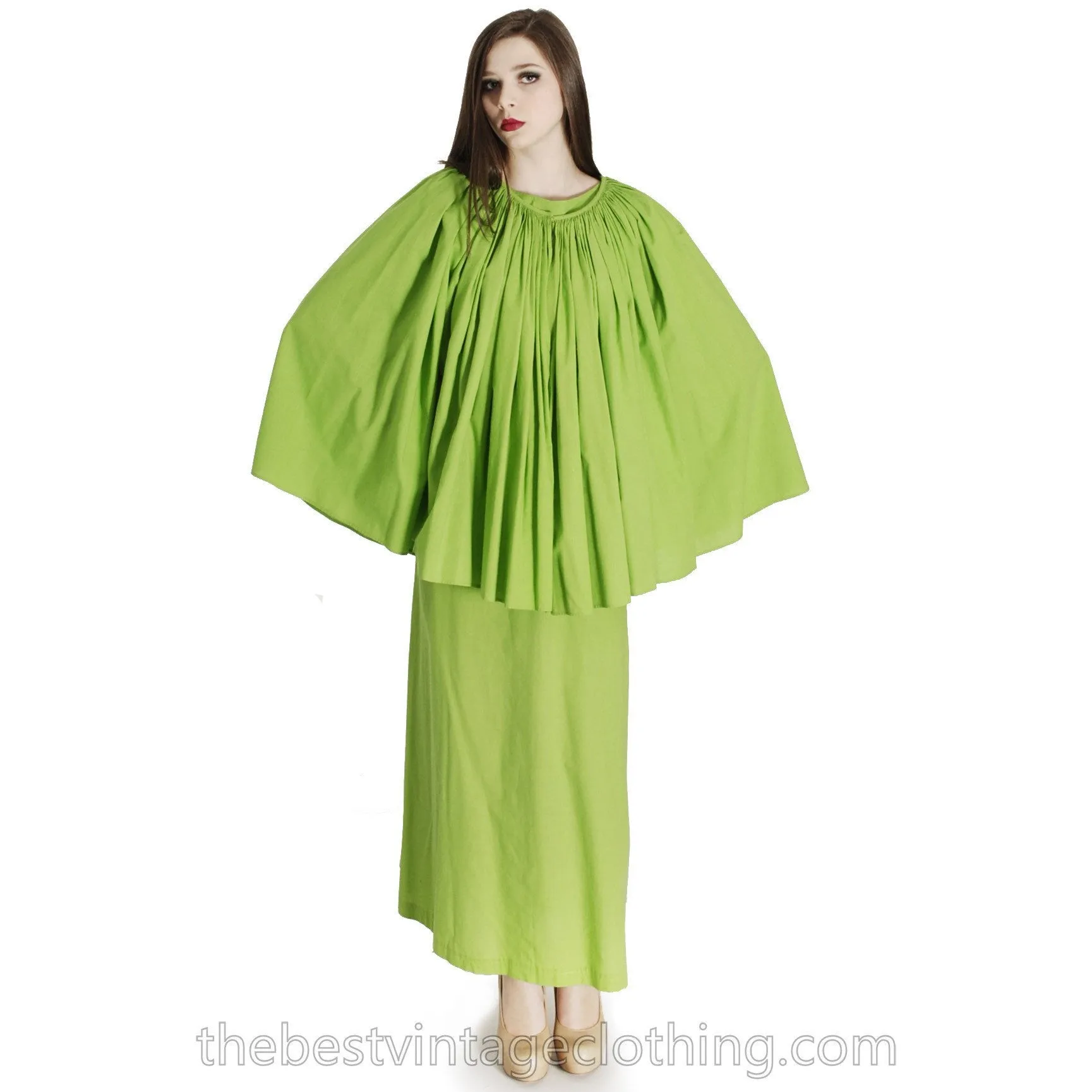 Vintage 1960s Vuokko Nurmesniemi RARE Lime Green Maxi Dress with Voluminous Cape 38/10