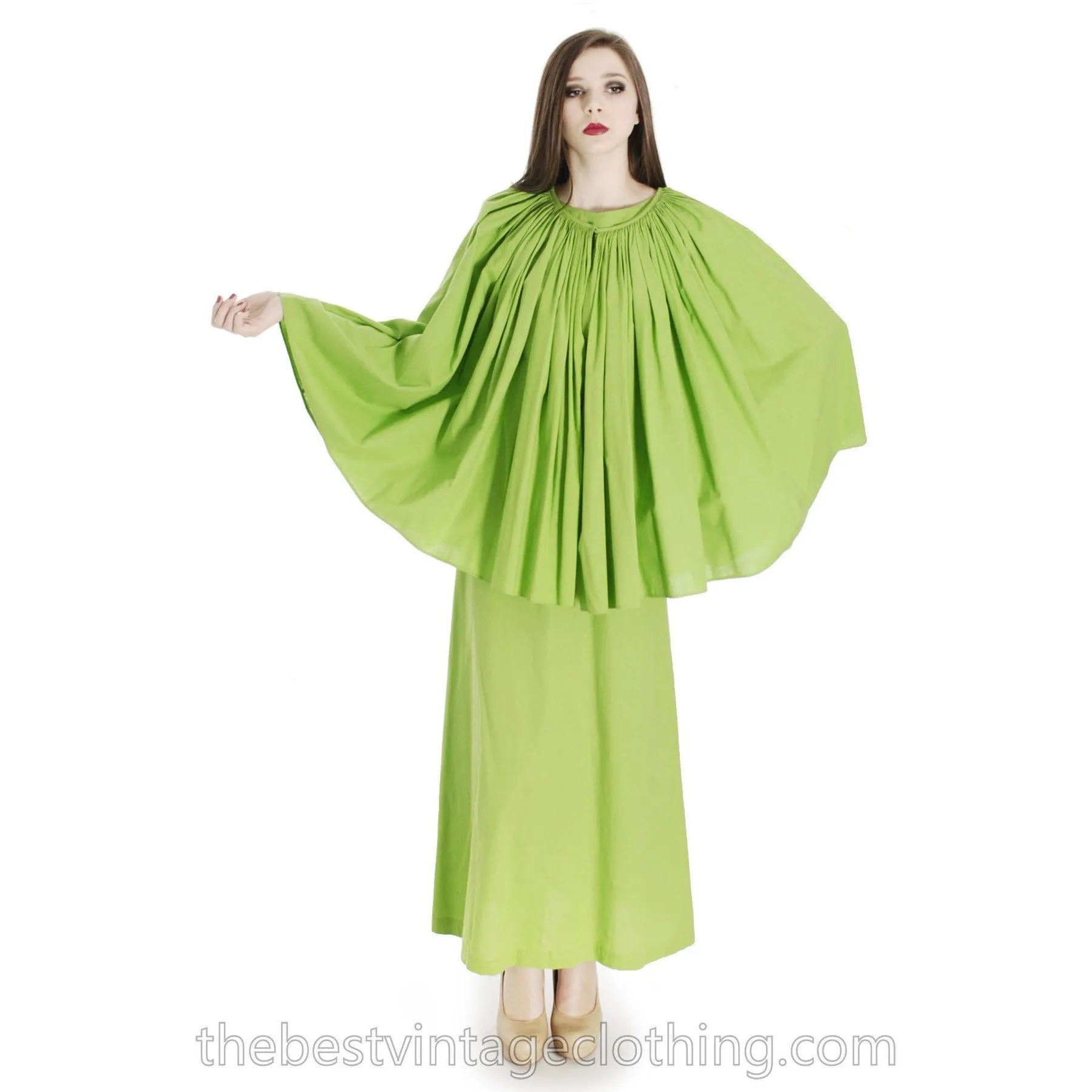 Vintage 1960s Vuokko Nurmesniemi RARE Lime Green Maxi Dress with Voluminous Cape 38/10