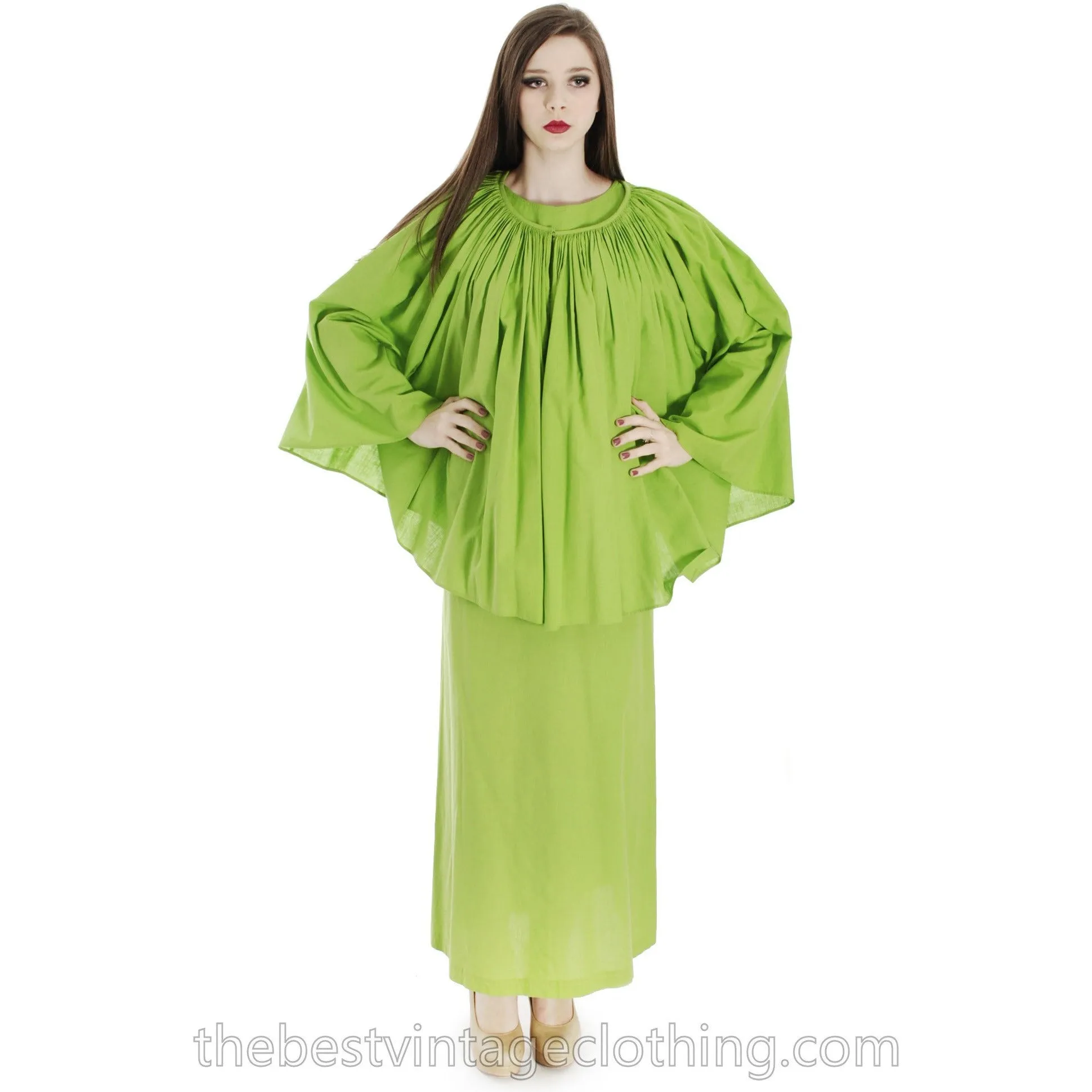 Vintage 1960s Vuokko Nurmesniemi RARE Lime Green Maxi Dress with Voluminous Cape 38/10