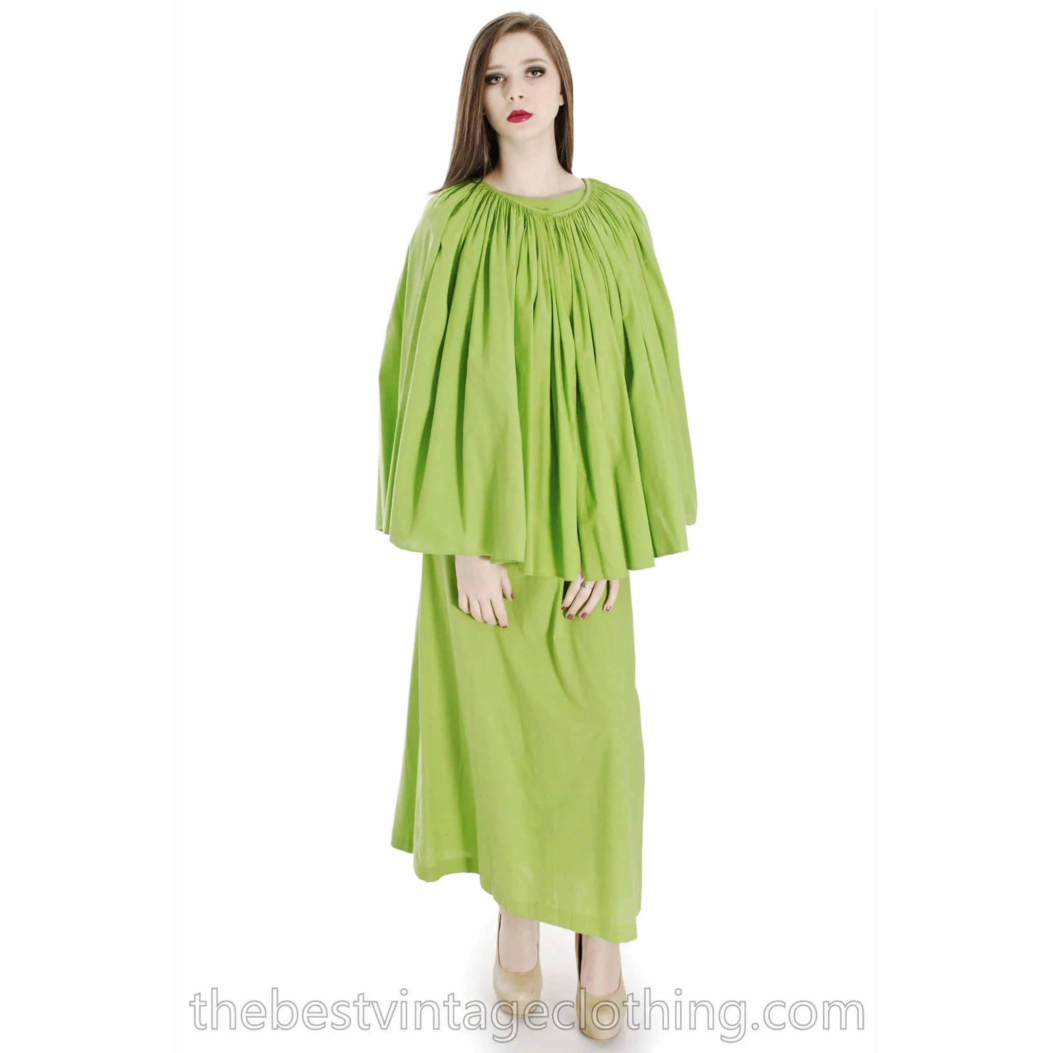 Vintage 1960s Vuokko Nurmesniemi RARE Lime Green Maxi Dress with Voluminous Cape 38/10