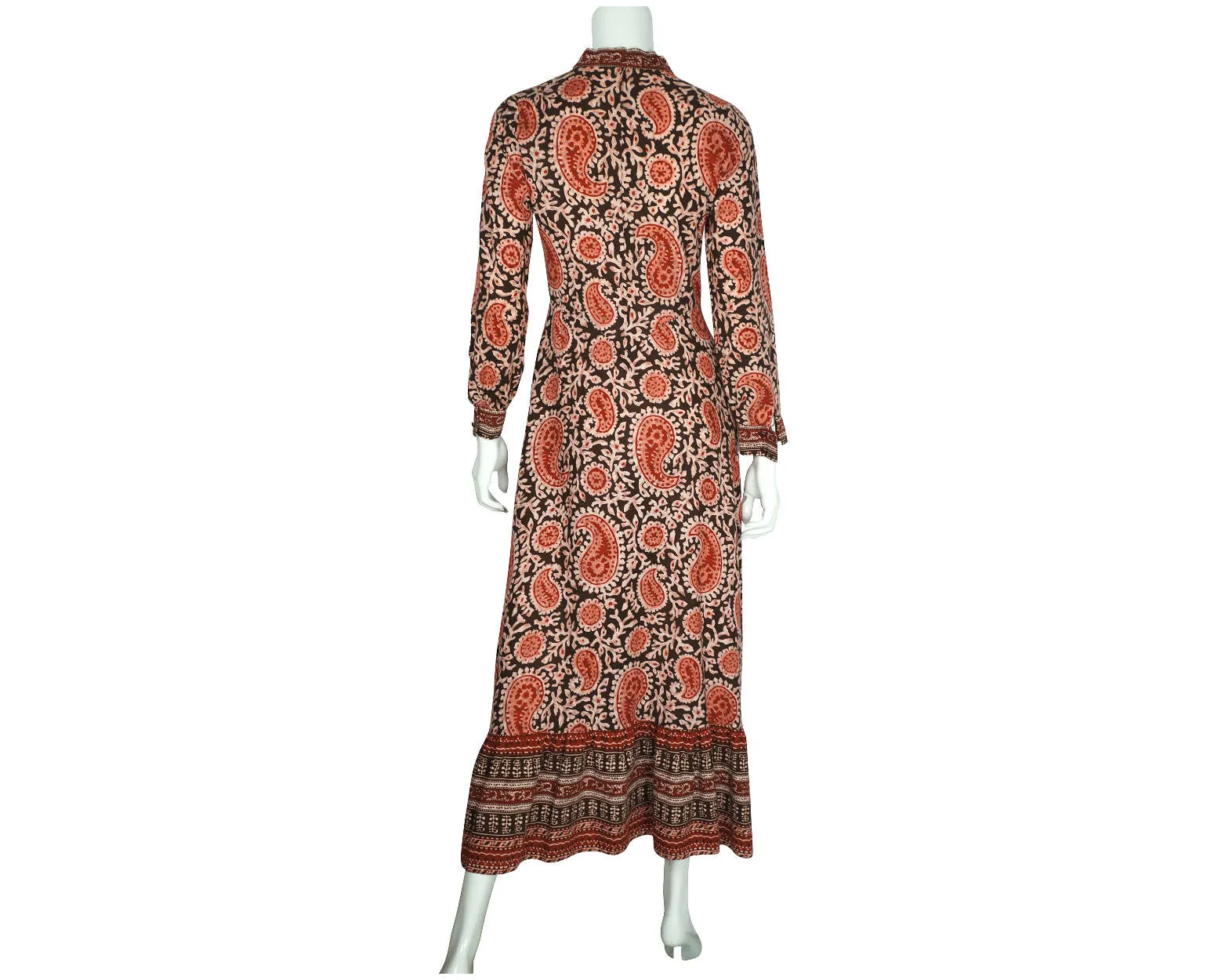 Vintage 1970s Indian Cotton Dress Paisley Block Printed Red & Black Size M