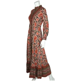 Vintage 1970s Indian Cotton Dress Paisley Block Printed Red & Black Size M