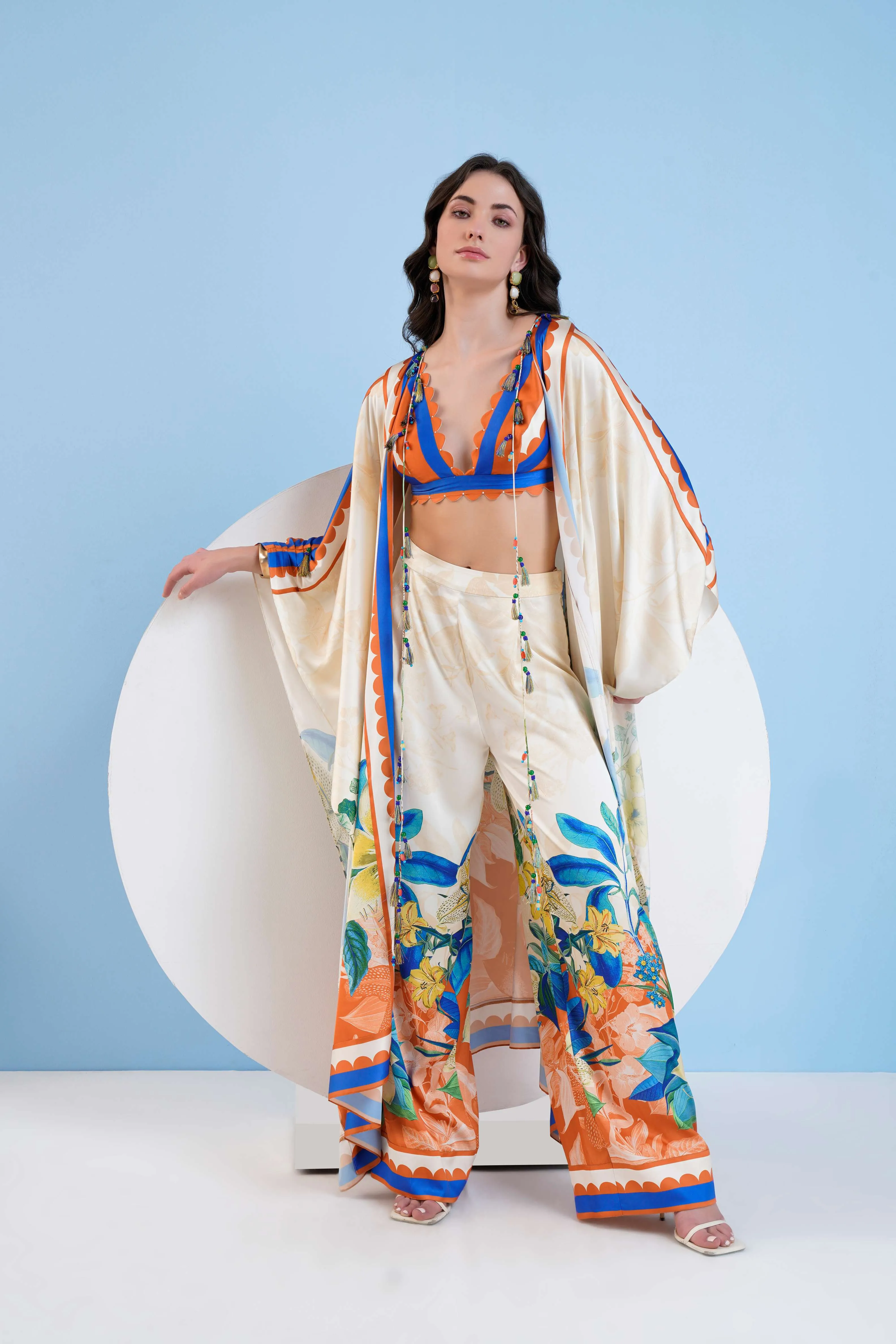 VIVID FLORAL PRINTED CAPE, PANTS AND BUSTIER WITH SCALLOP NECKLINE