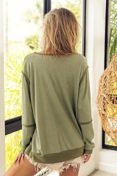 Waffle Knit Contrast Trim Long Sleeve T-Shirt