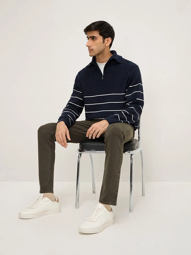 WES Casuals Navy Knitted Relaxed-Fit Cotton Sweater