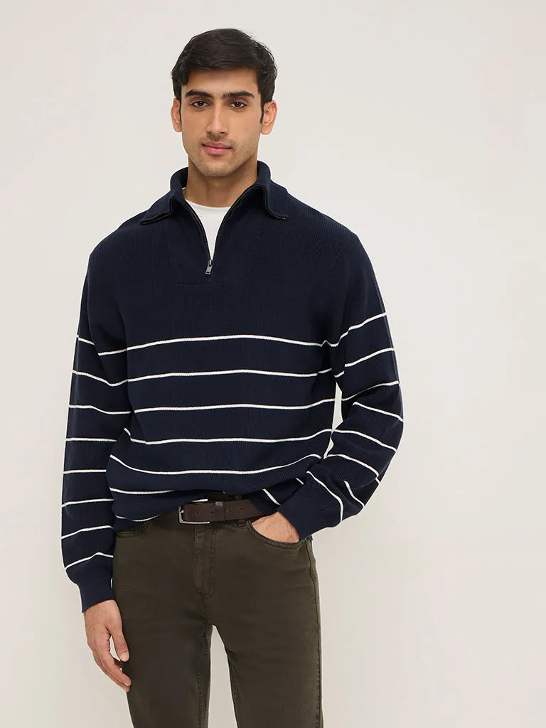 WES Casuals Navy Knitted Relaxed-Fit Cotton Sweater