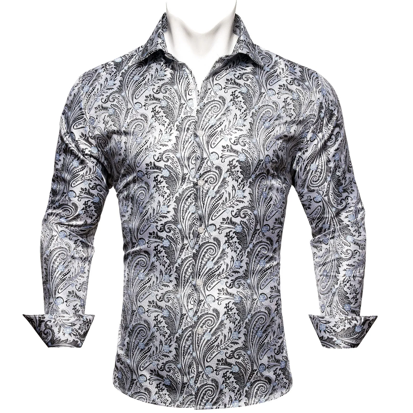 White Black Paisley Style Silk Men's Long Sleeve Shirt