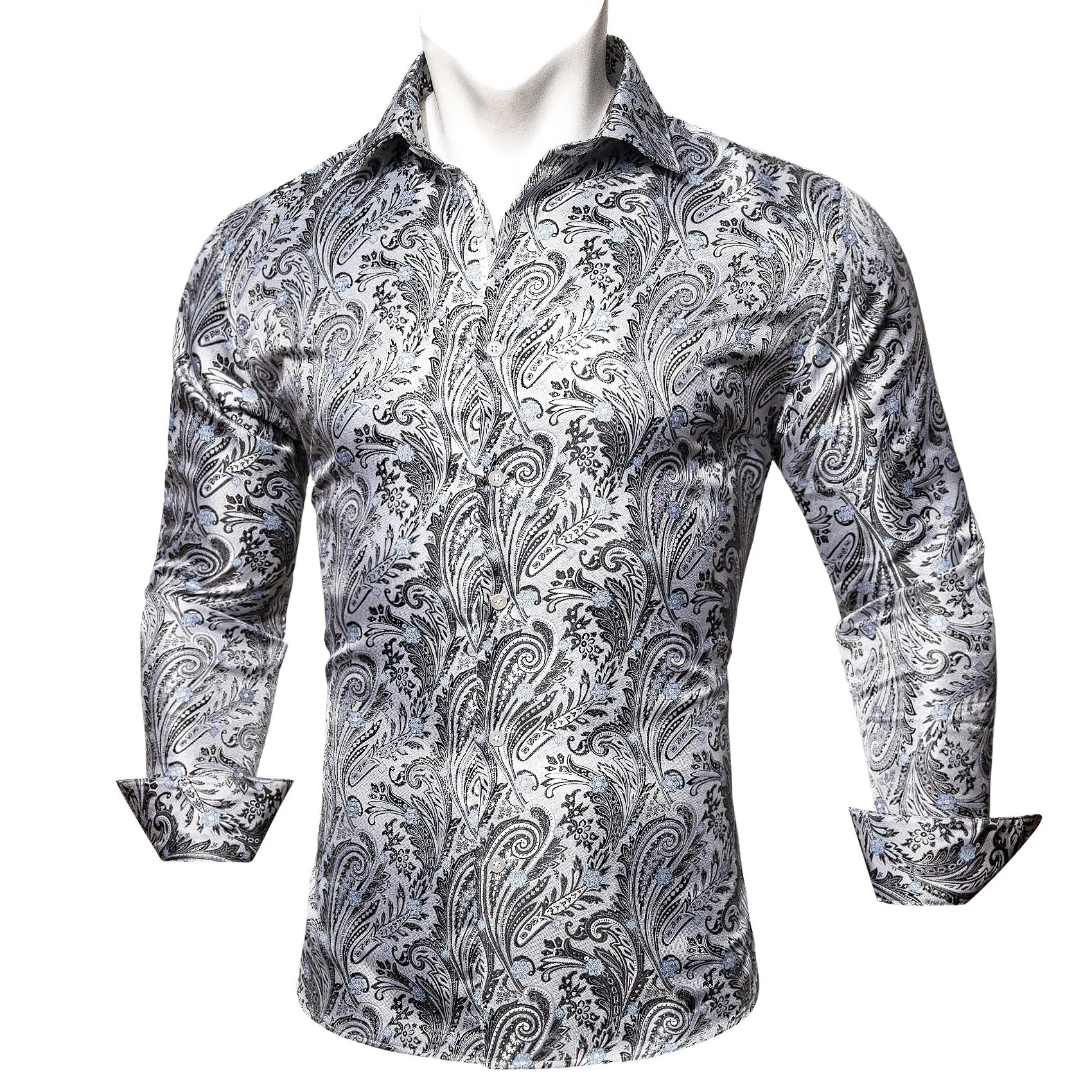 White Black Paisley Style Silk Men's Long Sleeve Shirt