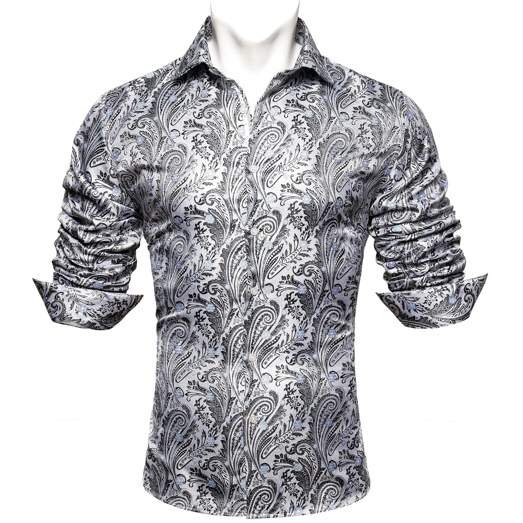 White Black Paisley Style Silk Men's Long Sleeve Shirt