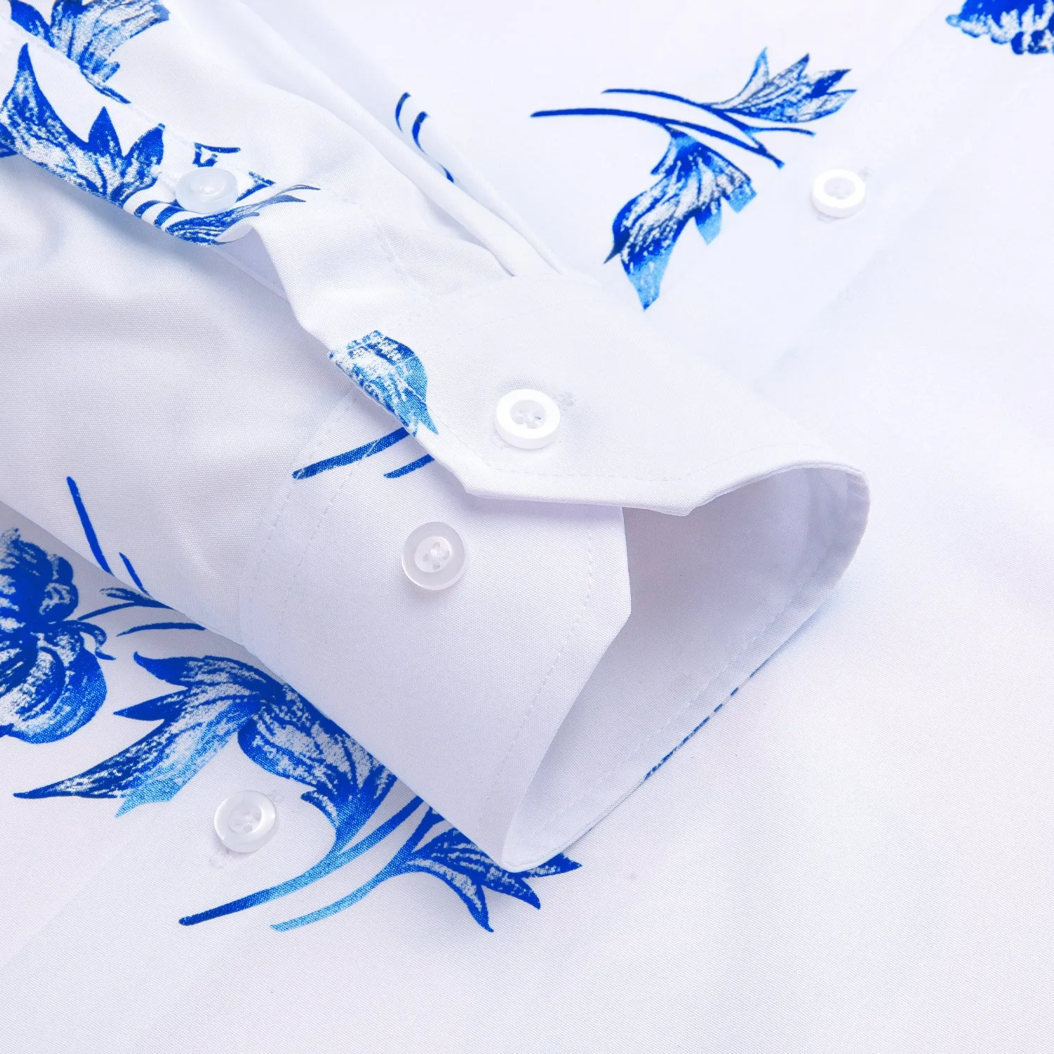 White Blue Floral Pattern Silk Men's Long Sleeve Shirt