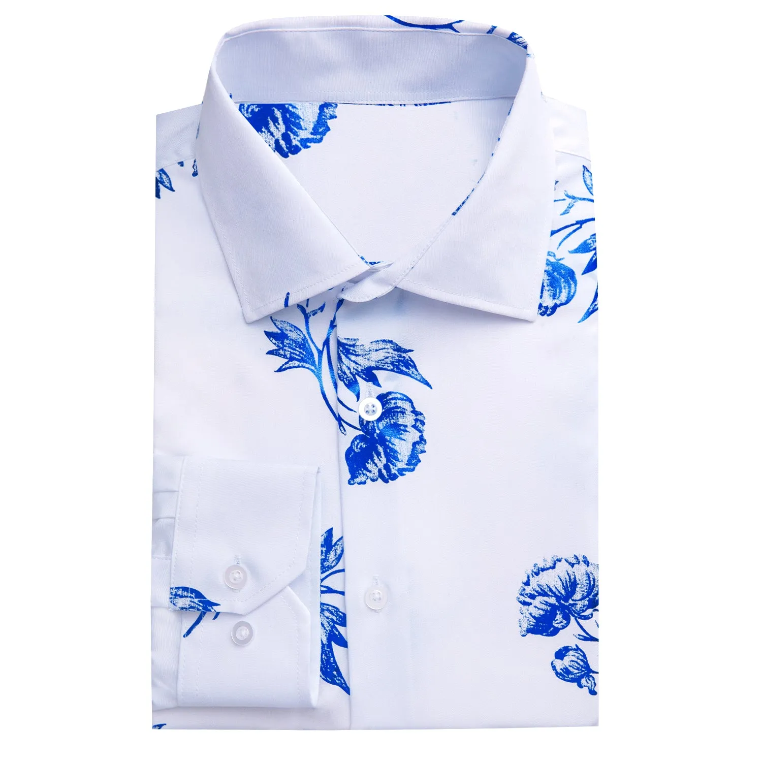 White Blue Floral Pattern Silk Men's Long Sleeve Shirt