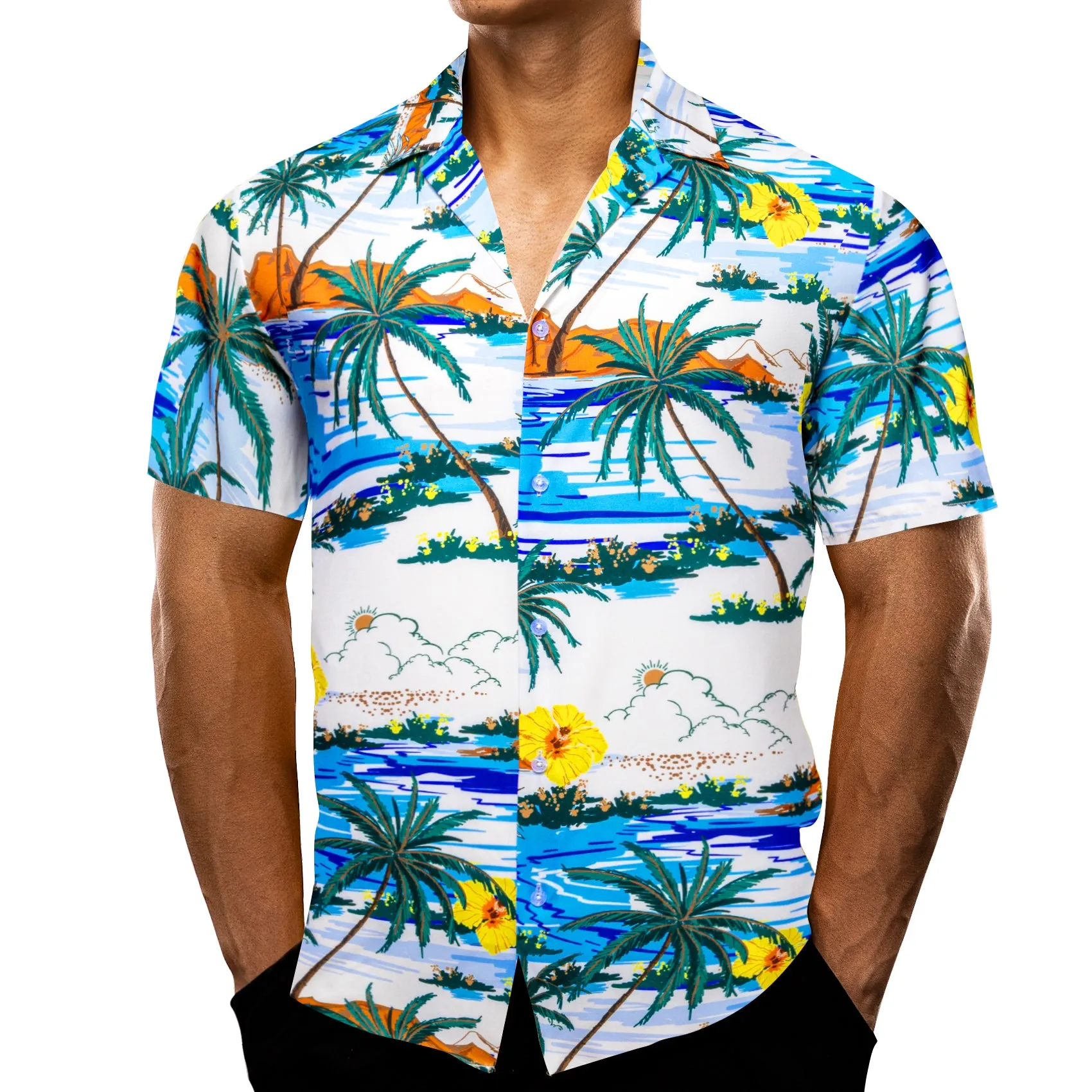 White Blue Sunshine Beach Coconut Tree Novelty Men's Short Sleeve Summer Shirt