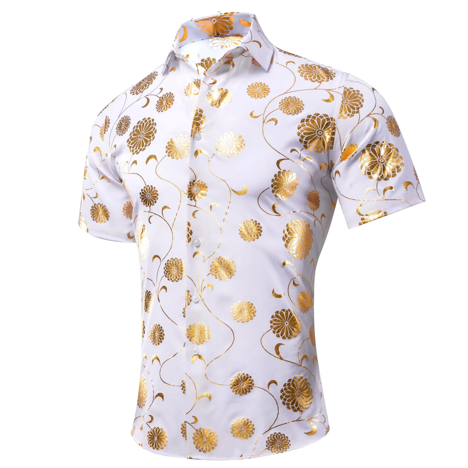 White Shirt with Golden Floral Silk Men's Short Sleeve Shirt