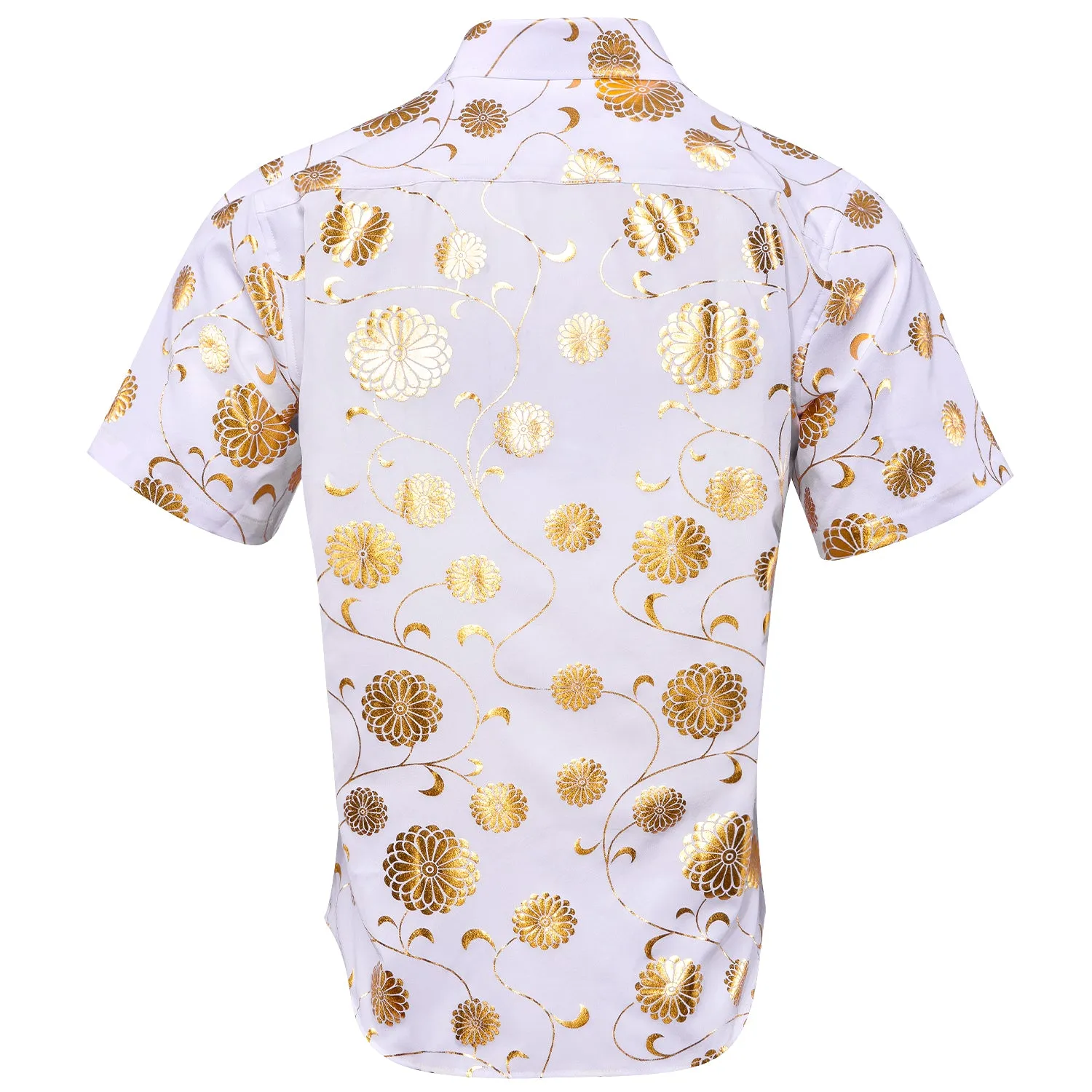 White Shirt with Golden Floral Silk Men's Short Sleeve Shirt