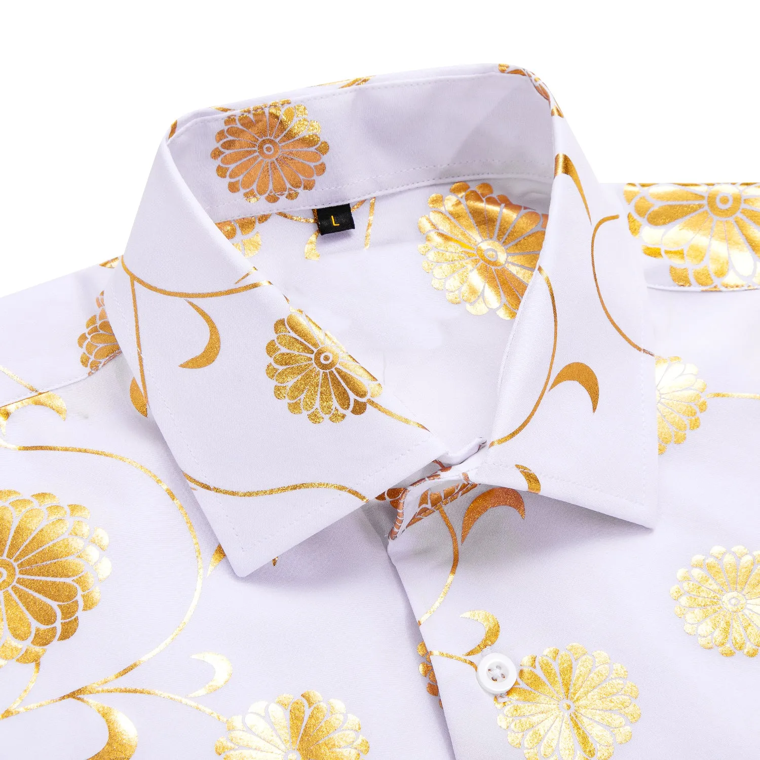 White Shirt with Golden Floral Silk Men's Short Sleeve Shirt