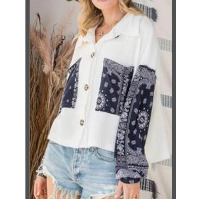 White/Blue Paisley Print Button Up Top