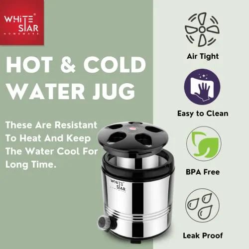 WHITESTAR Hot and Cold Water Dispenser for Home Kitchen Office, 5 Liters-Silver, Double Walled PUF Insulated Stainless Steel Water Jug with Tap, Easy to Carry Handle, Durable & Sturdy