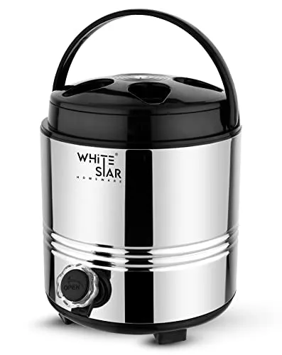 WHITESTAR Hot and Cold Water Dispenser for Home Kitchen Office, 5 Liters-Silver, Double Walled PUF Insulated Stainless Steel Water Jug with Tap, Easy to Carry Handle, Durable & Sturdy