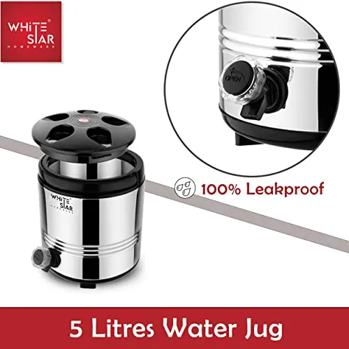 WHITESTAR Hot and Cold Water Dispenser for Home Kitchen Office, 5 Liters-Silver, Double Walled PUF Insulated Stainless Steel Water Jug with Tap, Easy to Carry Handle, Durable & Sturdy