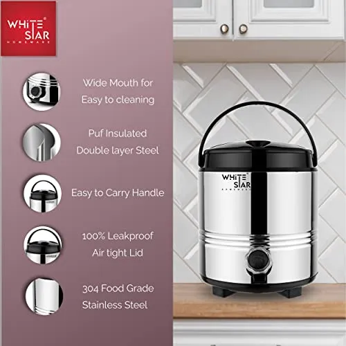 WHITESTAR Hot and Cold Water Dispenser for Home Kitchen Office, 5 Liters-Silver, Double Walled PUF Insulated Stainless Steel Water Jug with Tap, Easy to Carry Handle, Durable & Sturdy