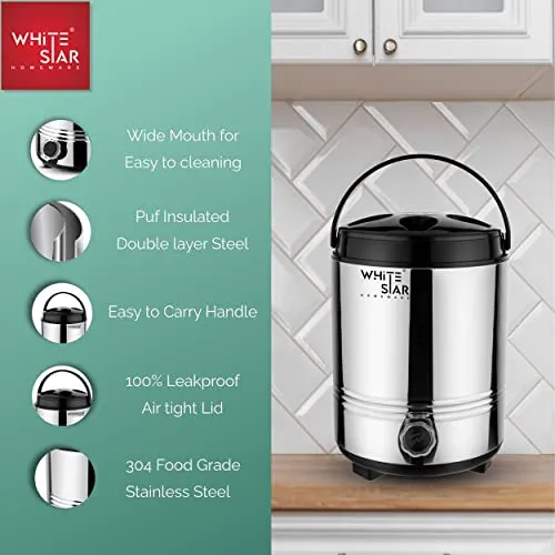 WHITESTAR Hot Tea/Water Containers with Airtight & Leak Proof Lid (8 Liters, Silver) Hot and Cold Upto 4-5 Hours I PUF Insulated Water Jug/Mayur Jug for Home Kitchen Office I Highly Durable