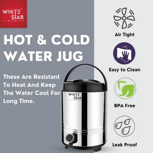 WHITESTAR Hot Tea/Water Containers with Airtight & Leak Proof Lid (8 Liters, Silver) Hot and Cold Upto 4-5 Hours I PUF Insulated Water Jug/Mayur Jug for Home Kitchen Office I Highly Durable