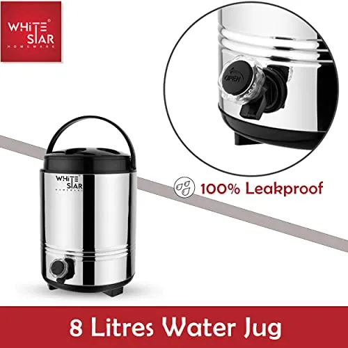 WHITESTAR Hot Tea/Water Containers with Airtight & Leak Proof Lid (8 Liters, Silver) Hot and Cold Upto 4-5 Hours I PUF Insulated Water Jug/Mayur Jug for Home Kitchen Office I Highly Durable