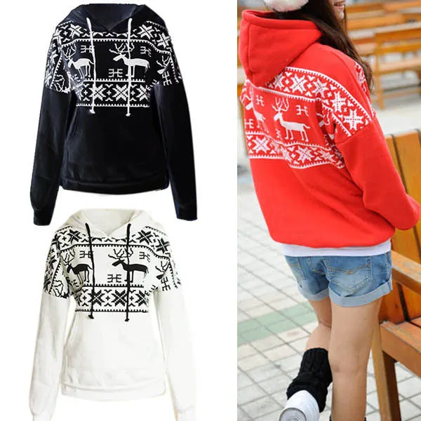 Winter Warm Girl Women Fleece Deer Print Jacket Outerwear Coat Hoodie Sweatshirt