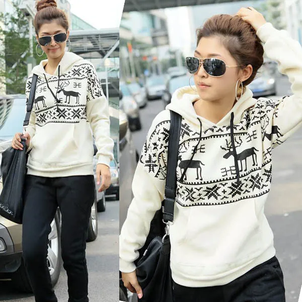 Winter Warm Girl Women Fleece Deer Print Jacket Outerwear Coat Hoodie Sweatshirt