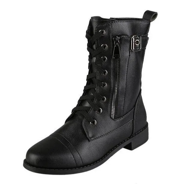 Women chunky heel buckle strap side zipper short lace up boots