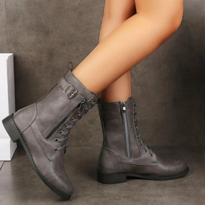 Women chunky heel buckle strap side zipper short lace up boots