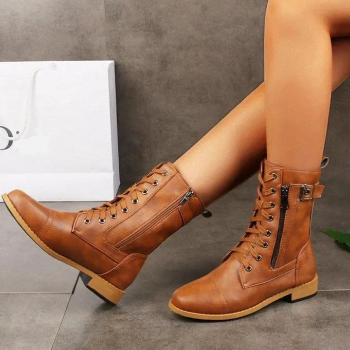 Women chunky heel buckle strap side zipper short lace up boots